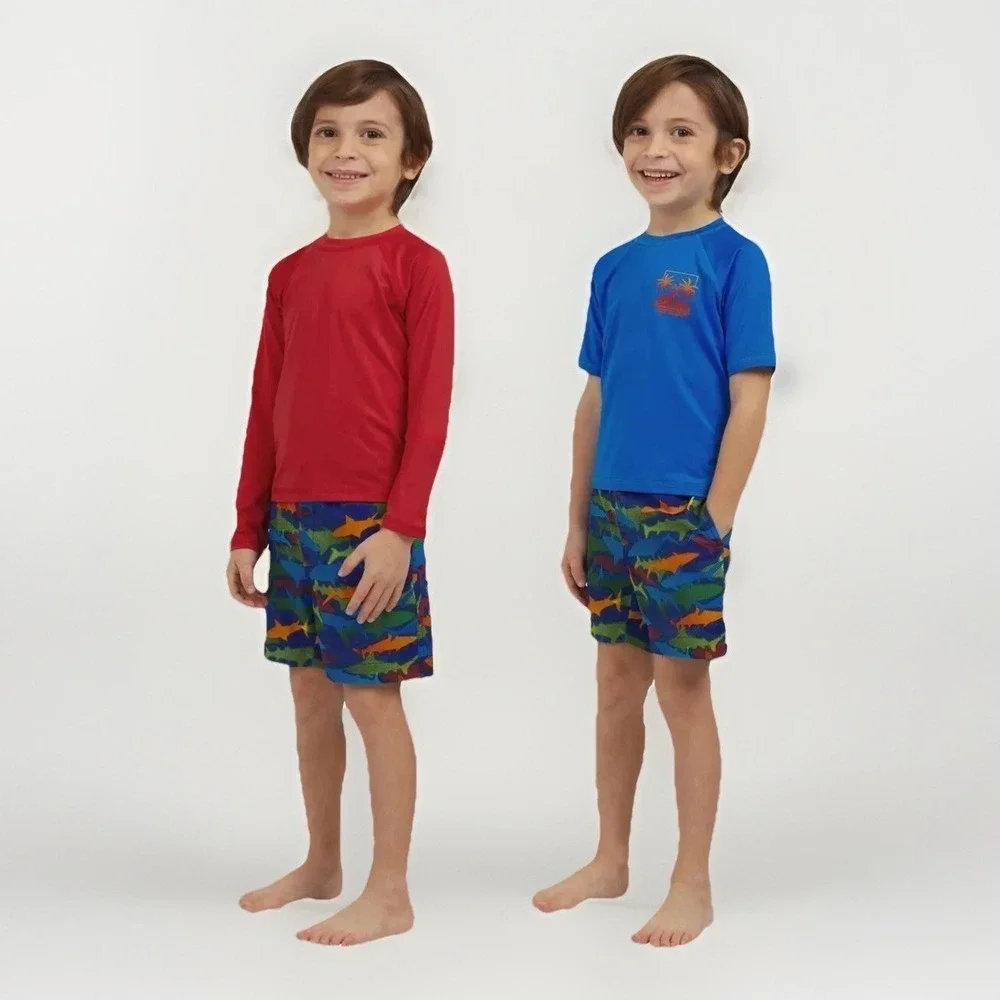 Lands' End 3 Piece Swim Set‎ Rash-Guard Trunks Boy's Size 3T Red Shark Print